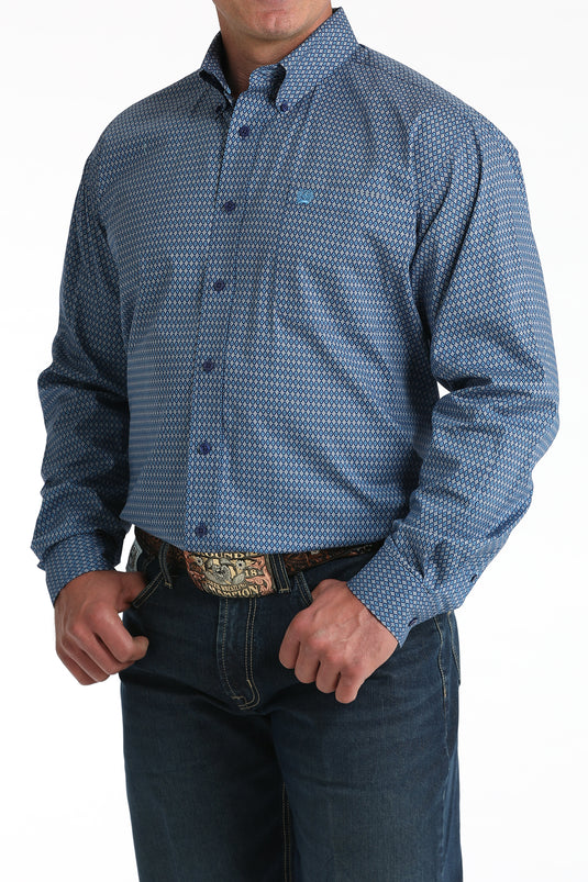 Cinch Mens Stretch Long Sleeve Geometric Print Shirt - Royal