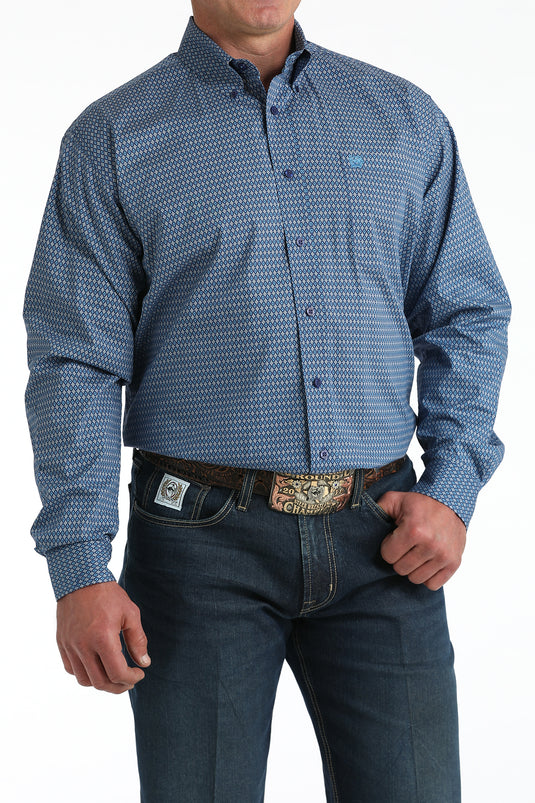 Cinch Mens Stretch Long Sleeve Geometric Print Shirt - Royal