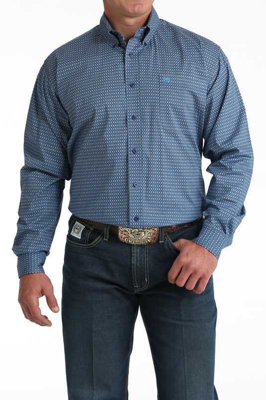 Cinch Mens Stretch Long Sleeve Geometric Print Shirt - Royal