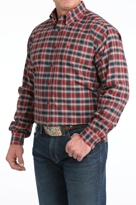 Cinch Mens Long Sleeve Plaid Print Shirt - Burgundy