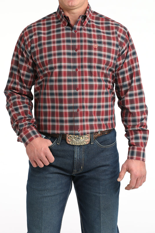 Cinch Mens Long Sleeve Plaid Print Shirt - Burgundy