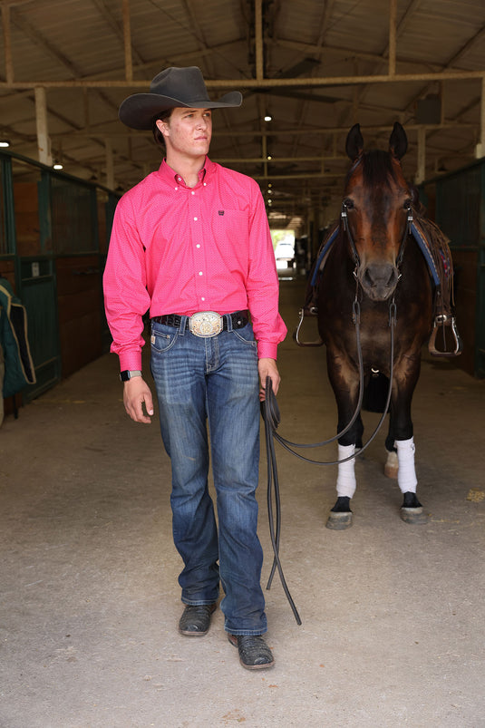 Cinch Mens Stretch Long Sleeve Geometric Print Shirt - Pink