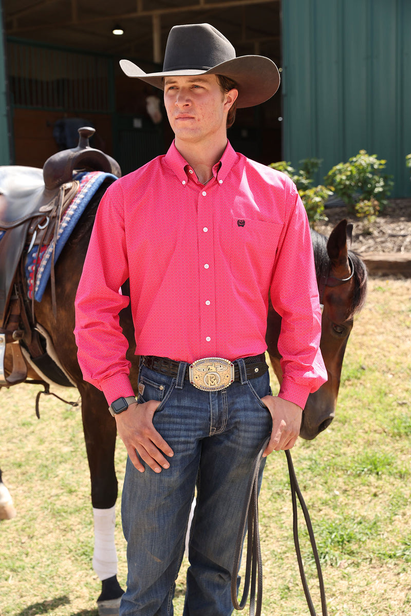 Load image into Gallery viewer, Cinch Mens Stretch Long Sleeve Geometric Print Shirt - Pink
