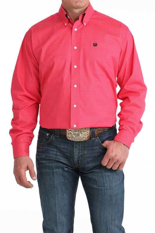 Cinch Mens Stretch Long Sleeve Geometric Print Shirt - Pink