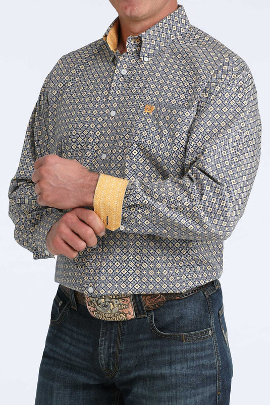 Cinch Mens Long Sleeve Geometric Diamond Print Shirt - Royal