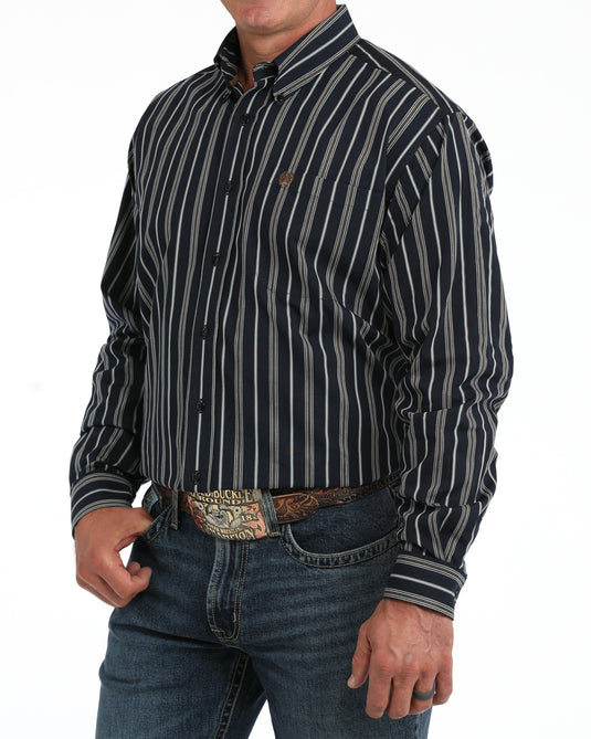 Cinch Mens Long Sleeve Stripe Print Shirt - Navy