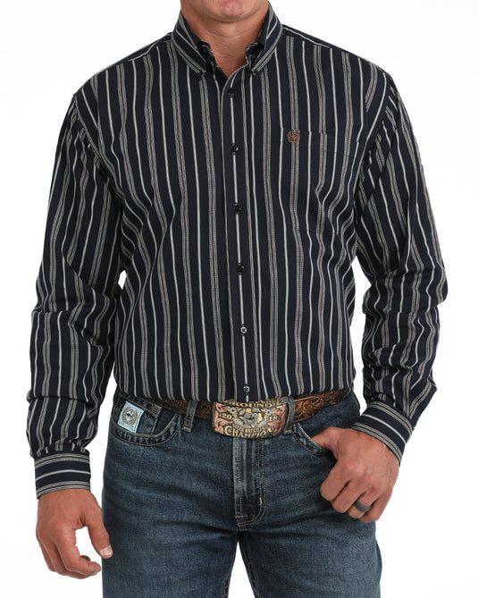 Cinch Mens Long Sleeve Stripe Print Shirt - Navy
