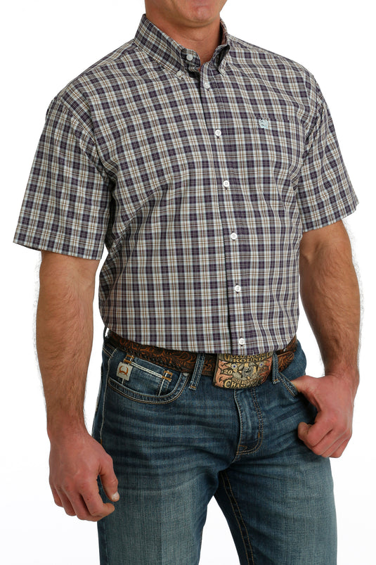 Cinch Mens Short Sleeve Plaid Shirt - Purple