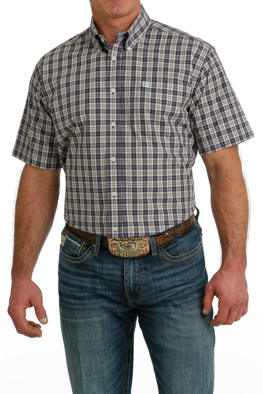 Cinch Mens Short Sleeve Plaid Shirt - Purple
