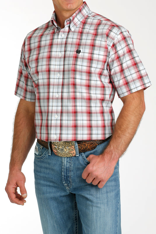 Cinch Mens Short Sleeve Plaid Shirt - White