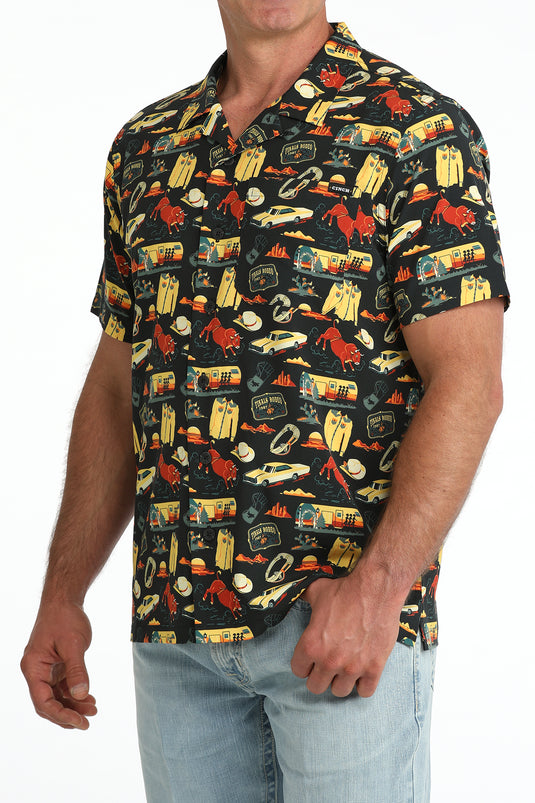 Cinch Mens Short Sleeve 80's Rodeo Print Camp Shirt - Black