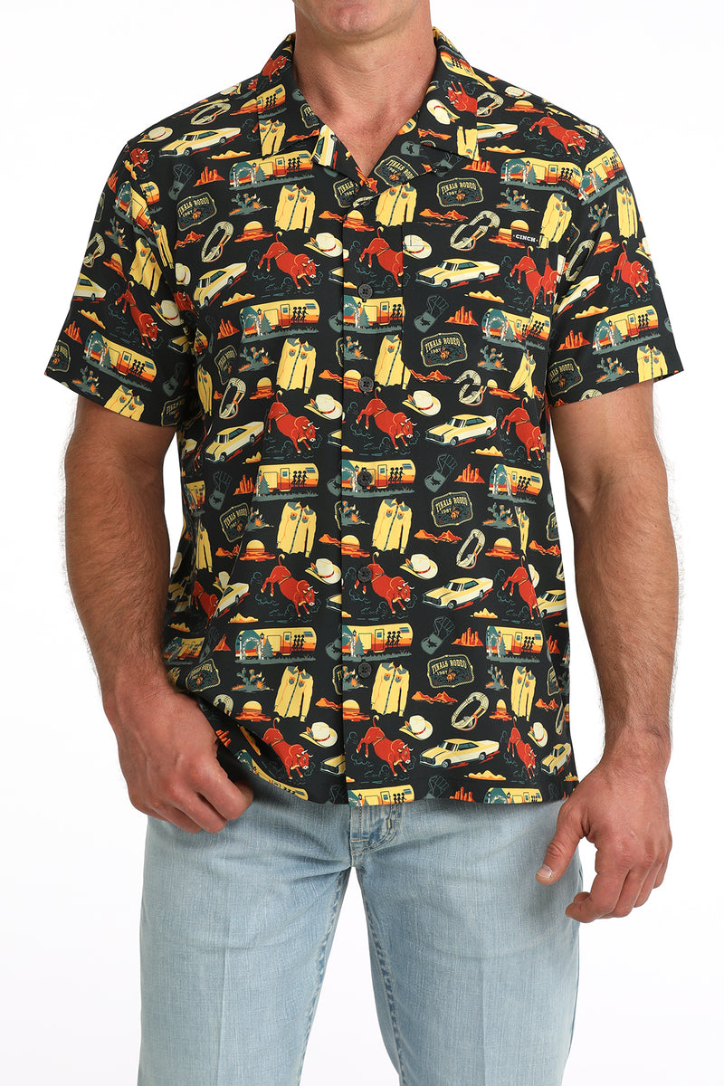 Load image into Gallery viewer, Cinch Mens Short Sleeve 80's Rodeo Print Camp Shirt - Black
