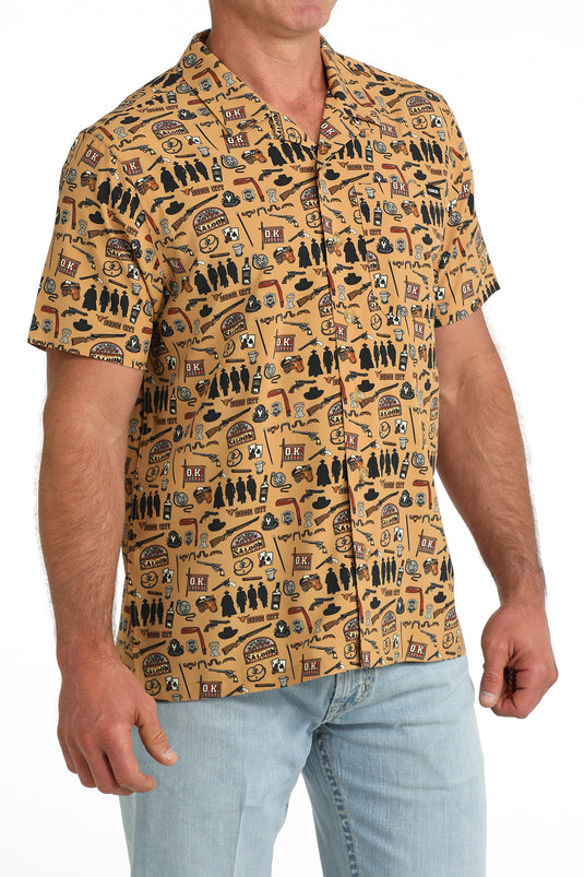 Cinch Mens Short Sleeve Wild West Print Camp Shirt - Brown