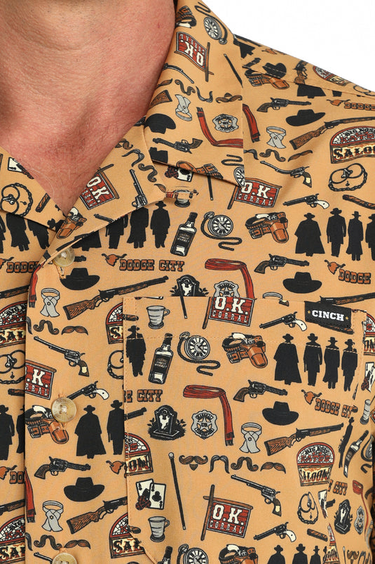 Cinch Mens Short Sleeve Wild West Print Camp Shirt - Brown