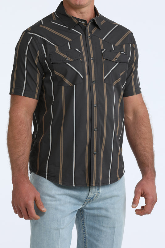 Cinch Mens Short Sleeve Striped Camp Shirt - Black