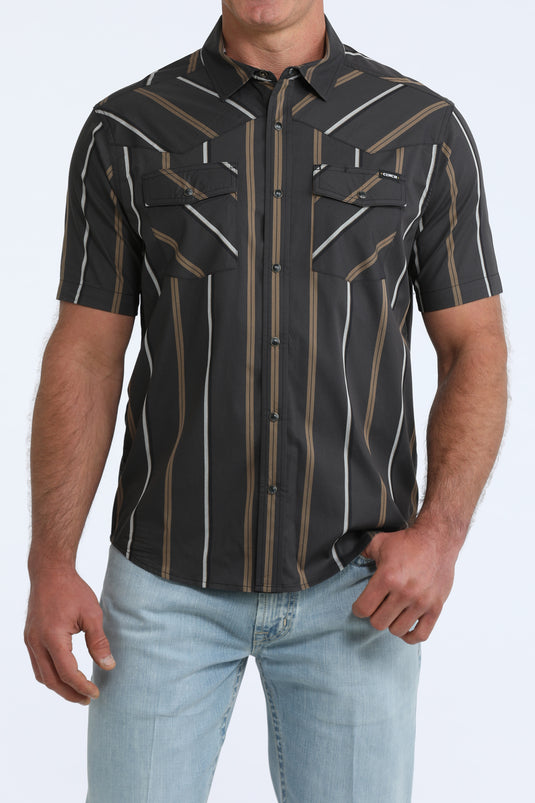 Cinch Mens Short Sleeve Striped Camp Shirt - Black