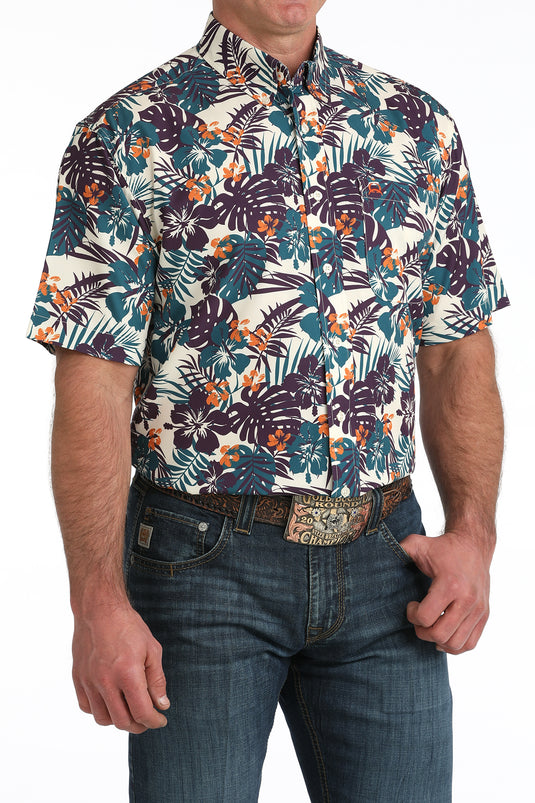 Cinch Mens ARENAFLEX Short Sleeve Print Shirt -Cream