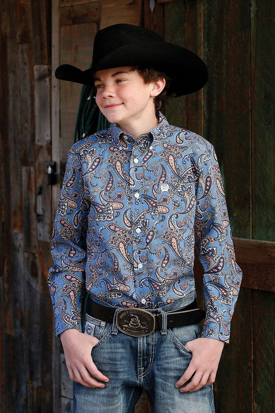 Cinch Boys Long Sleeve Paisley Shirt - Blue