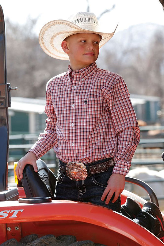 Cinch Boys Long Sleeve Plaid Shirt - Pink