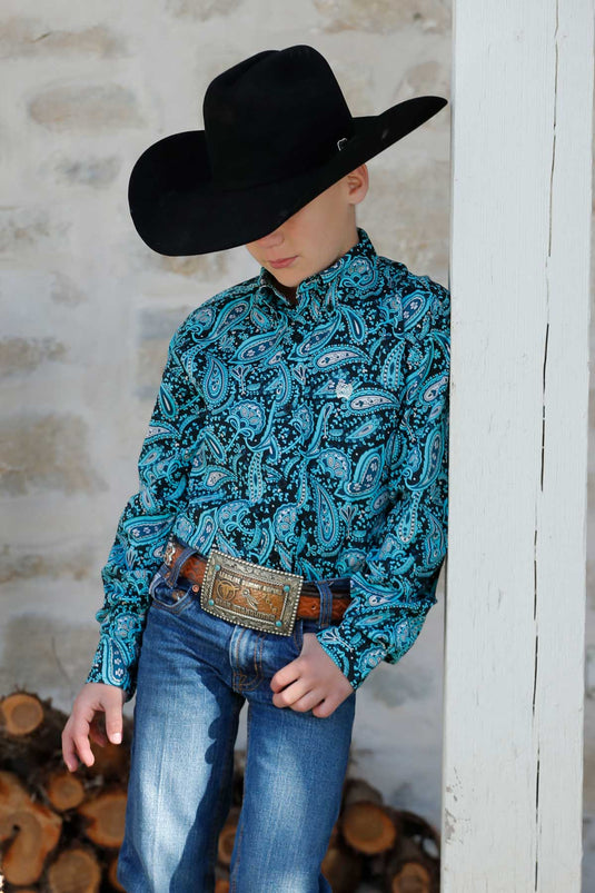 Cinch Boys Long Sleeve Paisley Print Shirt - Black