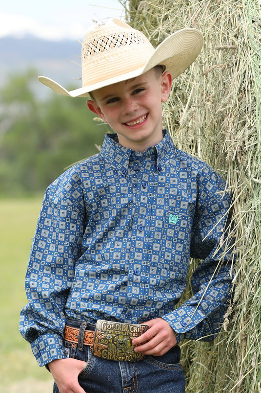 Cinch Boys Long Sleeve Geometric Print Shirt - Royal