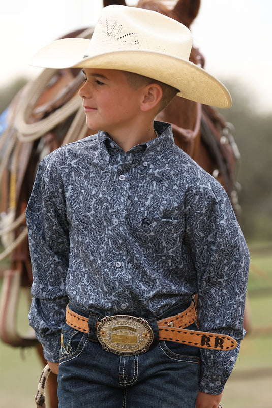 Cinch Boys ARELAFLEX Long Sleeve Paisley Print Shirt - Light Blue