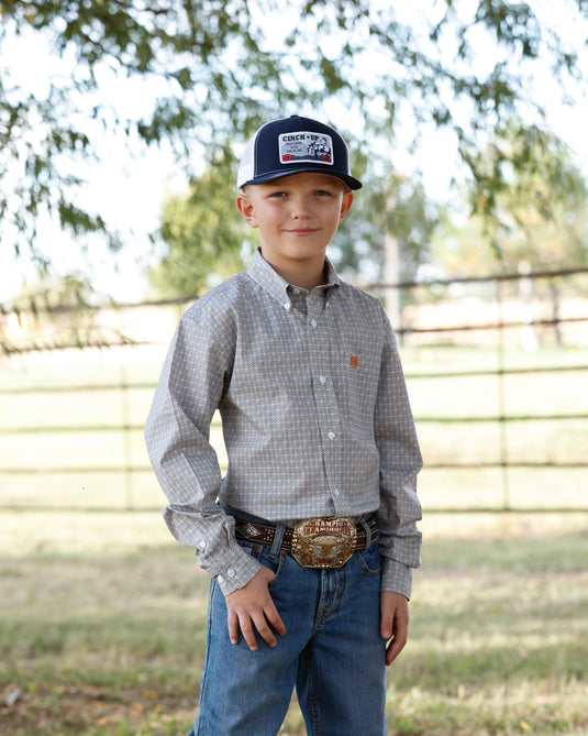 Cinch Boys Long Sleeve Geometric Print Shirt - White