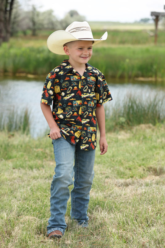 Cinch Boys Short Sleeve 80's Rodeo Print Camp Shirt - Black