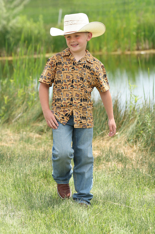 Cinch Boys Short Sleeve Wild West Print Camp Shirt - Brown