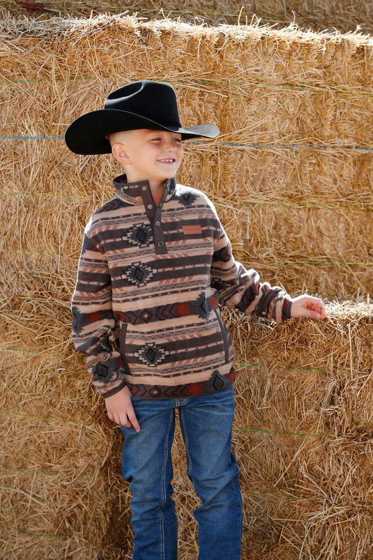 Cinch Boy's Polar Fleece Aztec Print Pullover - Brown