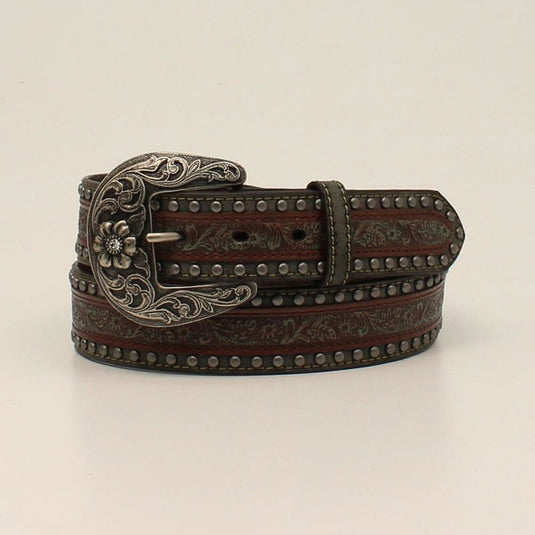 Nocona 1-1/2" Embossed Overlay Studded Belt - Brown