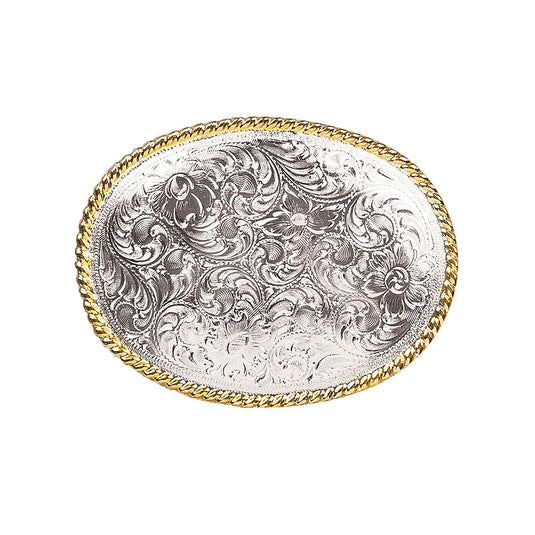 Nocona Twisted Rope Border Floral Scroll Engraved Oval Belt Buckle