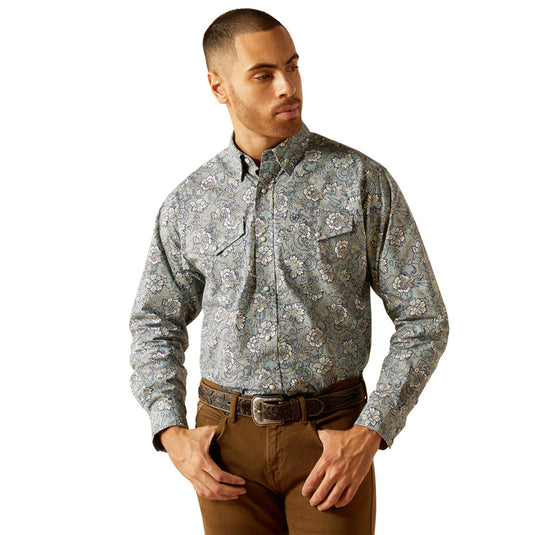 Ariat Mens Rocky Classic Fit Long Sleeve Snap Shirt - Khaki / Blue