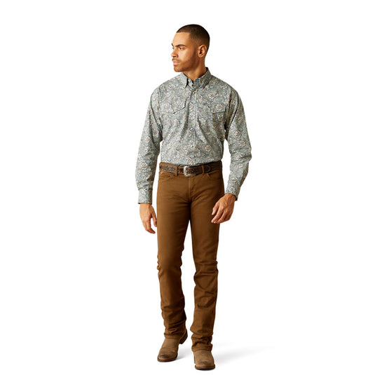 Ariat Mens Rocky Classic Fit Long Sleeve Snap Shirt - Khaki / Blue
