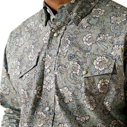 Ariat Mens Rocky Classic Fit Long Sleeve Snap Shirt - Khaki / Blue