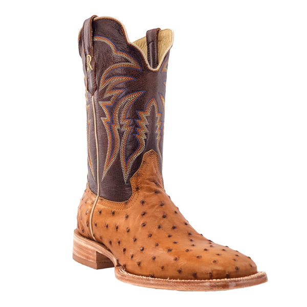 Load image into Gallery viewer, R. Watson 11" Full Quill Ostrich Wide Square Toe Boot - Antique Saddle Bruciato / Laguna Cognac Cowhide

