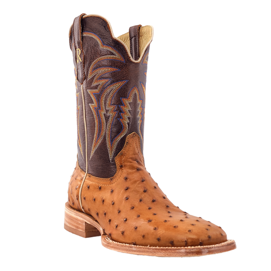 R. Watson 11" Full Quill Ostrich Wide Square Toe Boot - Antique Saddle Bruciato / Laguna Cognac Cowhide