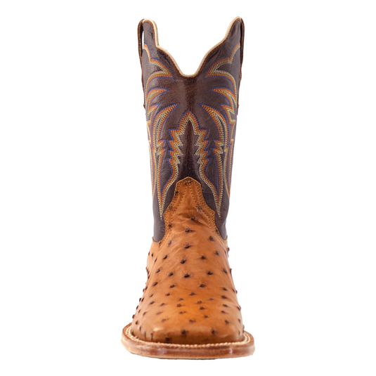 R. Watson 11" Full Quill Ostrich Wide Square Toe Boot - Antique Saddle Bruciato / Laguna Cognac Cowhide