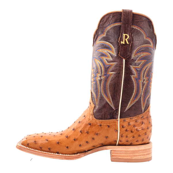 Load image into Gallery viewer, R. Watson 11" Full Quill Ostrich Wide Square Toe Boot - Antique Saddle Bruciato / Laguna Cognac Cowhide
