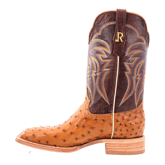 R. Watson 11" Full Quill Ostrich Wide Square Toe Boot - Antique Saddle Bruciato / Laguna Cognac Cowhide