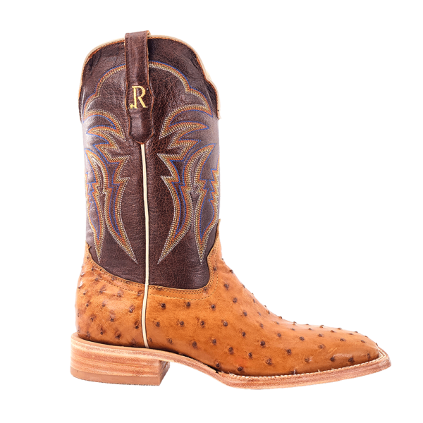 Load image into Gallery viewer, R. Watson 11" Full Quill Ostrich Wide Square Toe Boot - Antique Saddle Bruciato / Laguna Cognac Cowhide
