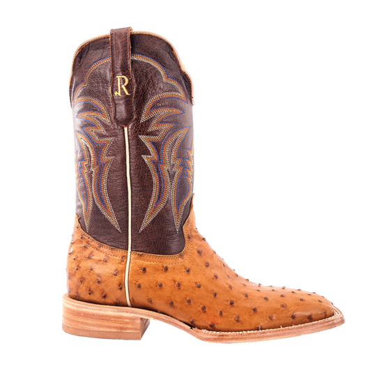 R. Watson 11" Full Quill Ostrich Wide Square Toe Boot - Antique Saddle Bruciato / Laguna Cognac Cowhide