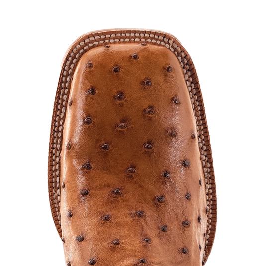 R. Watson 11" Full Quill Ostrich Wide Square Toe Boot - Antique Saddle Bruciato / Laguna Cognac Cowhide