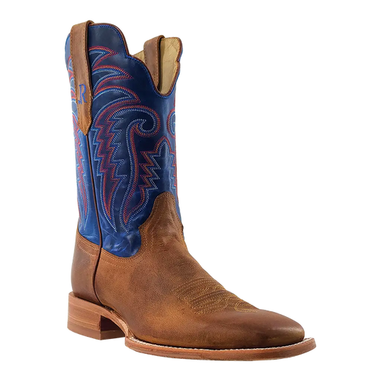 R. Watson 11" Cowhide Wide Square Toe Boot - Honey Cowhide / Electric Blue