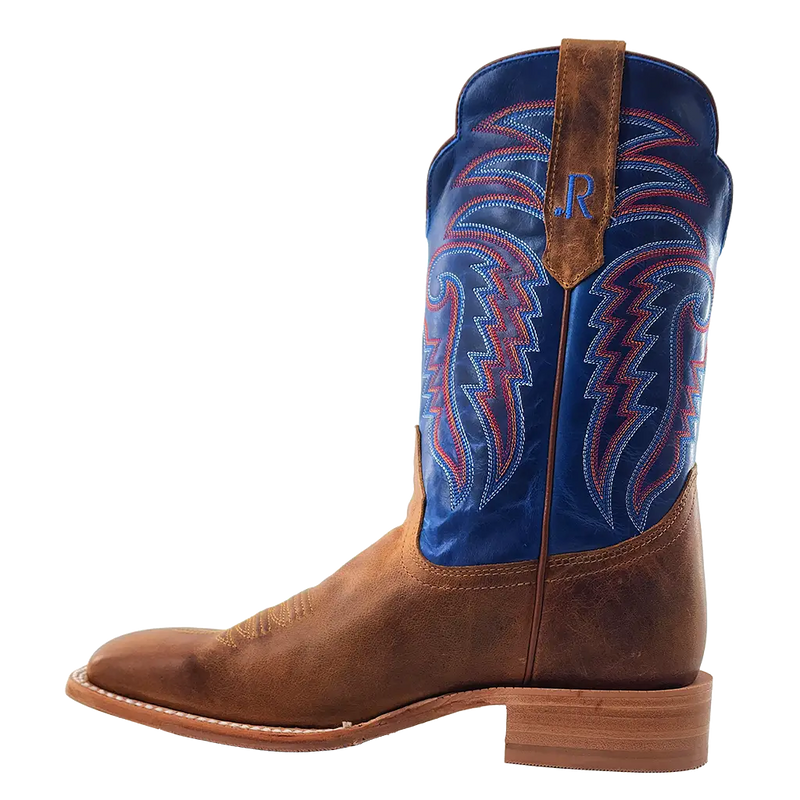 Load image into Gallery viewer, R. Watson 11" Cowhide Wide Square Toe Boot - Honey Cowhide / Electric Blue
