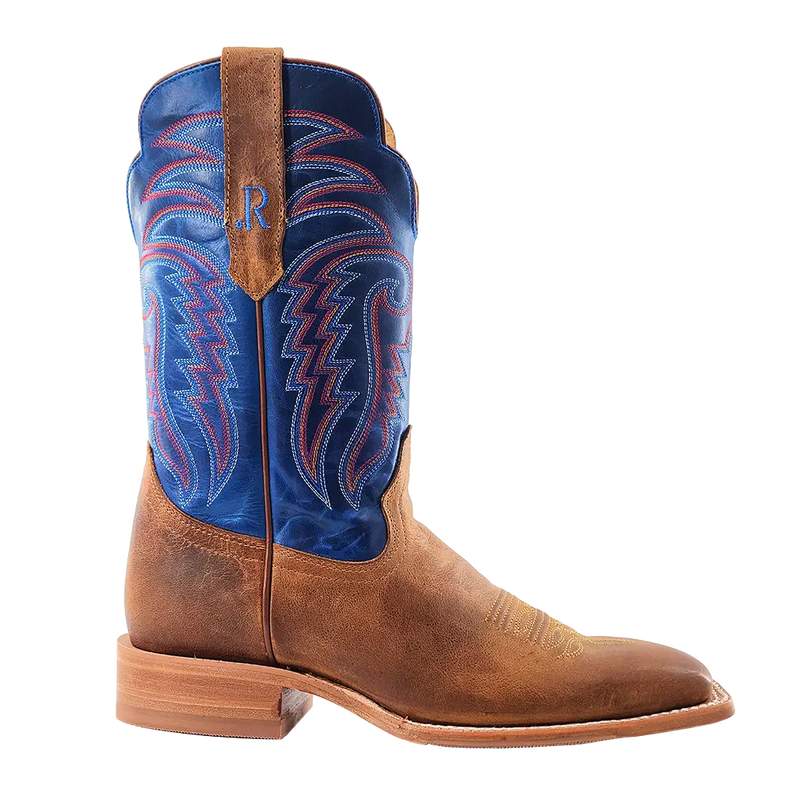 Load image into Gallery viewer, R. Watson 11" Cowhide Wide Square Toe Boot - Honey Cowhide / Electric Blue
