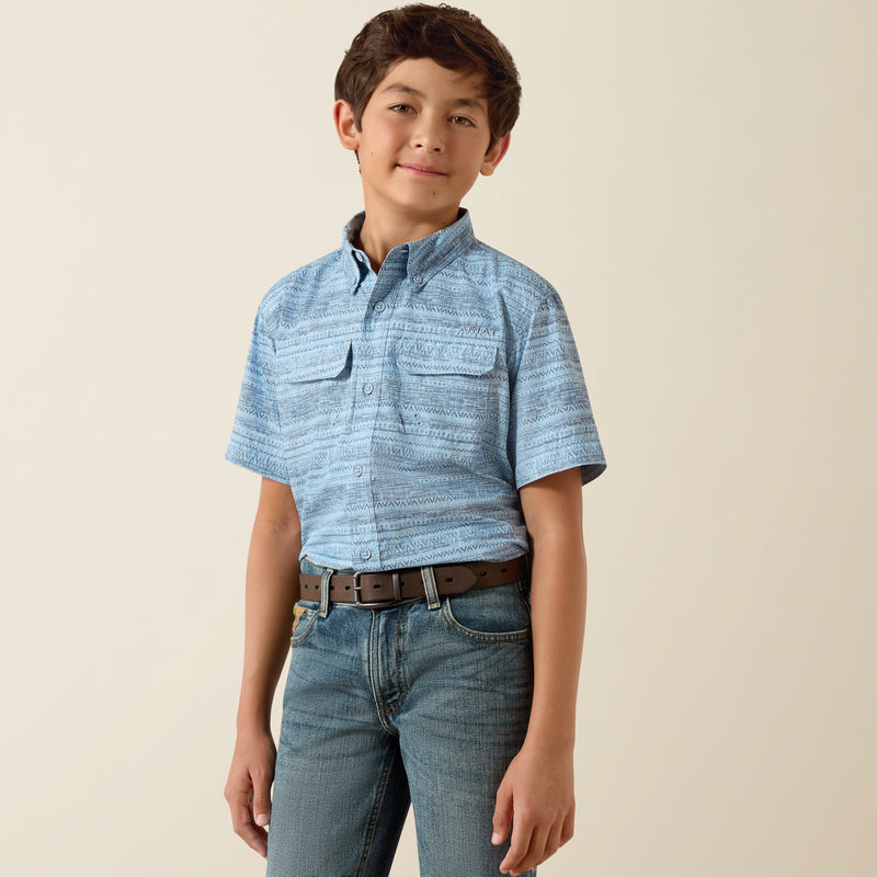 Load image into Gallery viewer, Ariat Boys VentTEK Outbound Short Sleeve Print Shirt - Blissful Blue

