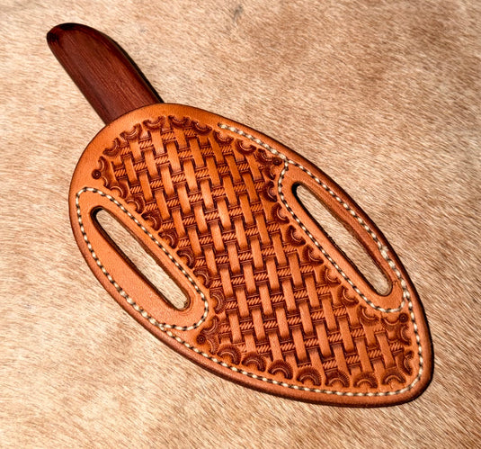 Sacred Heart Chestnut Wooden Handle Knife & Basketweave Sheath - Left Draw