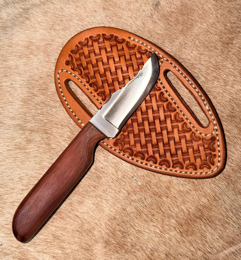 Load image into Gallery viewer, Sacred Heart Chestnut Wooden Handle Knife &amp; Basketweave Sheath - Left Draw
