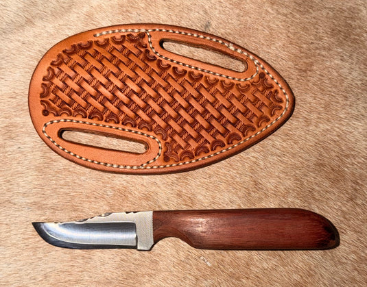 Sacred Heart Chestnut Wooden Handle Knife & Basketweave Sheath - Left Draw